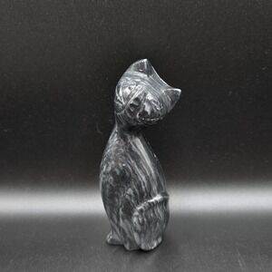 Hand Carved Stone Cat Figurine 6" Black Gray Marbled Stone Statue